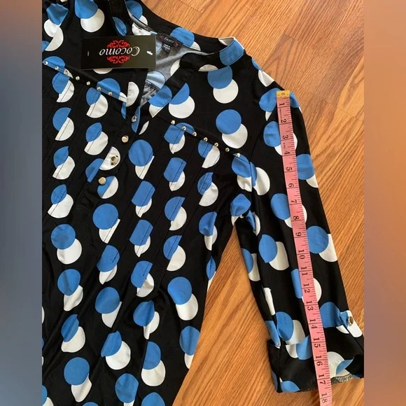 COCOMO Large Black blue white 3/4 sleeve studded women's Pintuck Blouse shirt - Picture 14 of 16